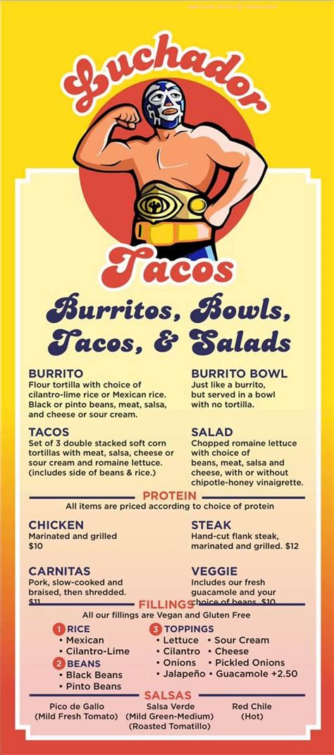 Luchadores tacos - KIDS MENU Online. Little luchadores love our Taco Luchador. Quesadilla. Kid's cheese quesadilla, chips, and served with drink, choice of cheese, barbacoa or chicken tinga. $6.25. Kid's Steak Taco. Kid's steak and cheese taco, chips, served with drink. $6.50. Kid's Chicken Taco. 